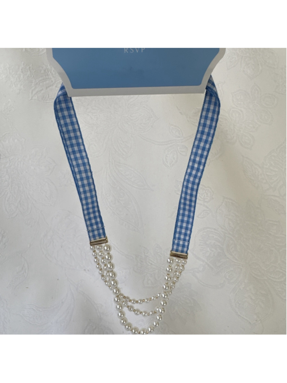 Draper James Blue Plaid Ribbon Pearls Goldtone Charms Dainty 16" Necklace NEW